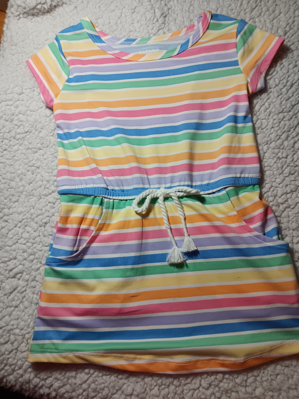 Girls' Rainbow Striped Knit Dress with Drawstring